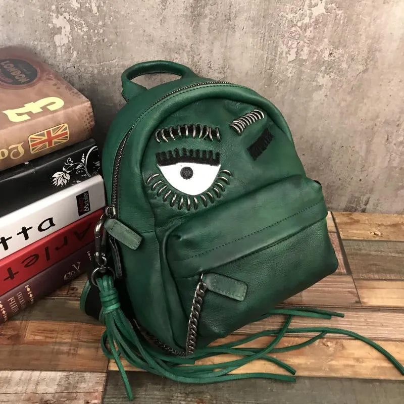 Handmade Womens Green Leather Backpack Purse Leather Rucksack for Women