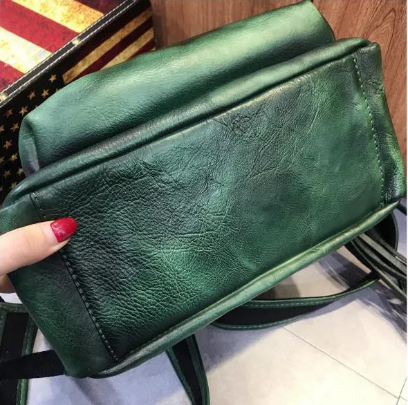 Handmade Womens Green Leather Backpack Purse Leather Rucksack for Women