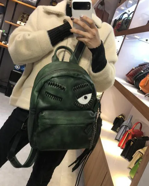 Handmade Womens Green Leather Backpack Purse Leather Rucksack for Women