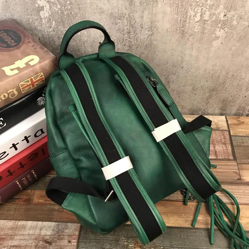 Handmade Womens Green Leather Backpack Purse Leather Rucksack for Women