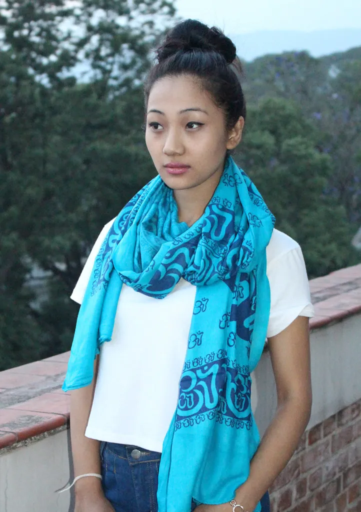 Hindu Om Printed Blue Cotton Shawl From Nepal