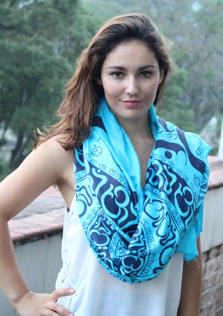 Hindu Om Printed Blue Cotton Shawl From Nepal