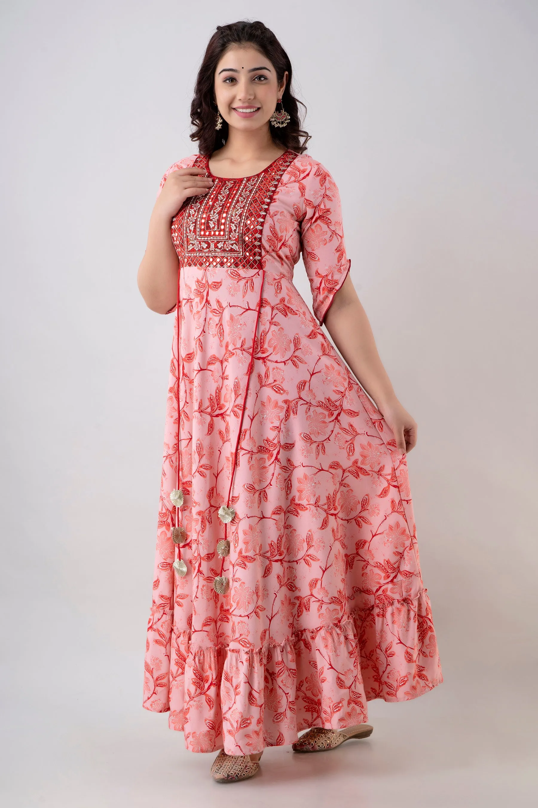 Jaipurite Floral & Flared Embroidered Long Party wear Dress