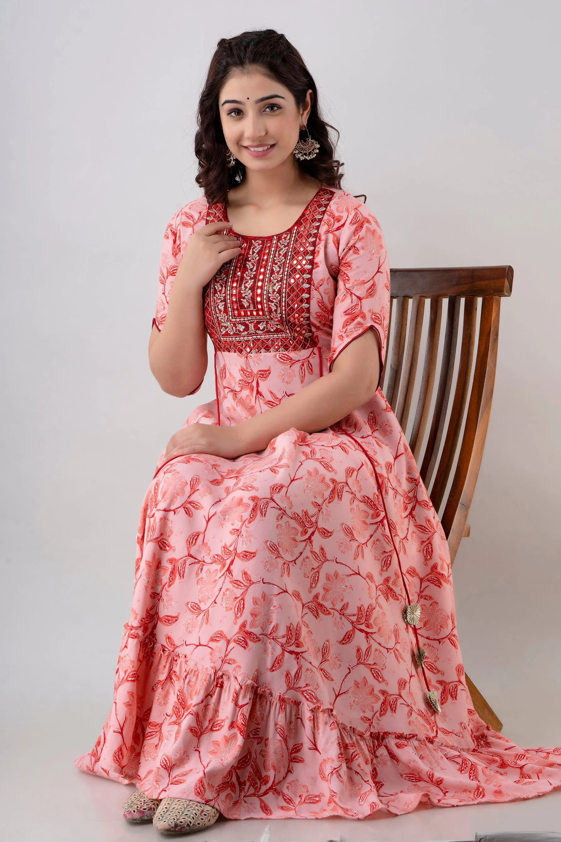 Jaipurite Floral & Flared Embroidered Long Party wear Dress