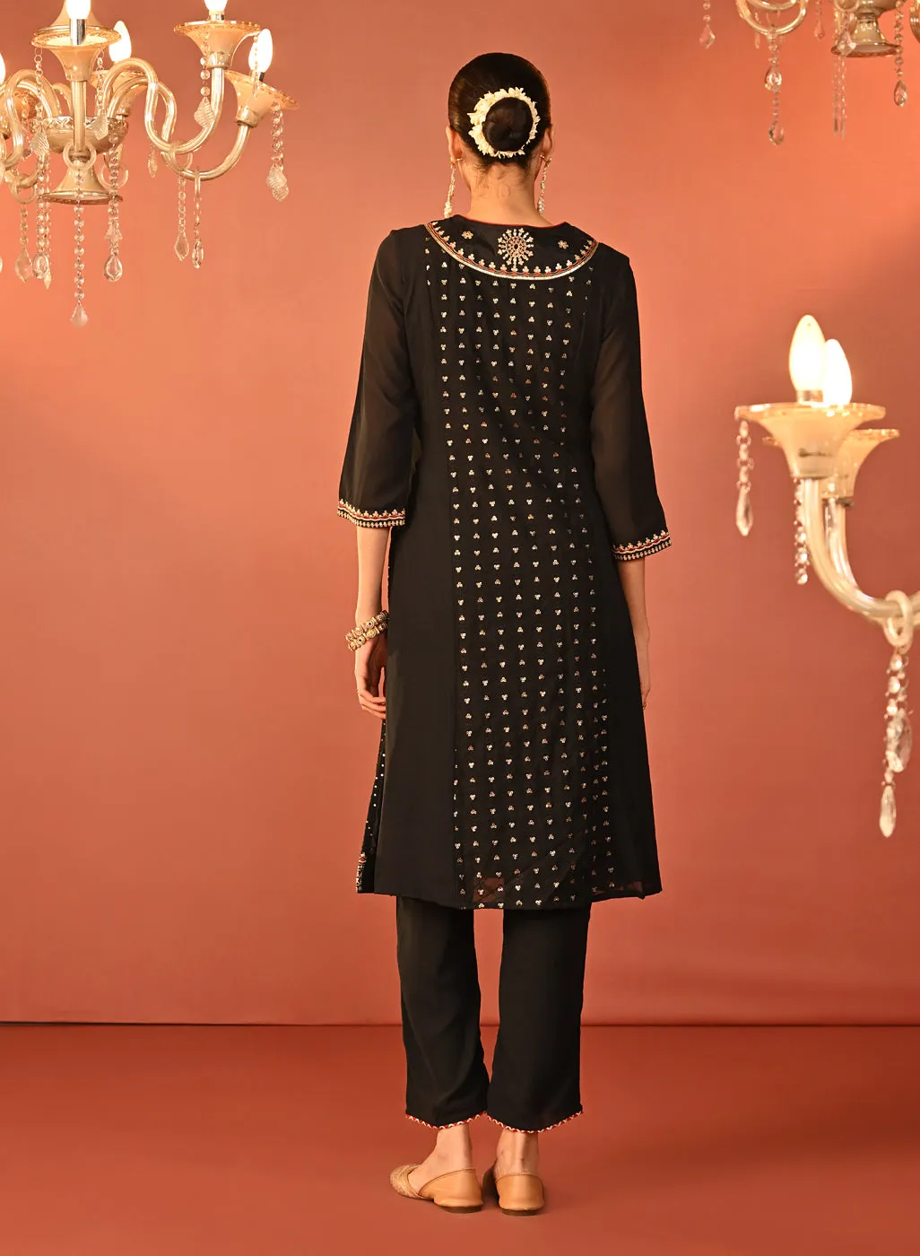 Jasleen Black Georgette Jacquard Embroidered Kurta Set for Women