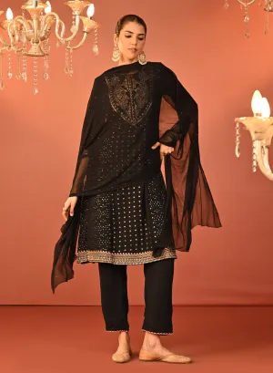 Jasleen Black Georgette Jacquard Embroidered Kurta Set for Women