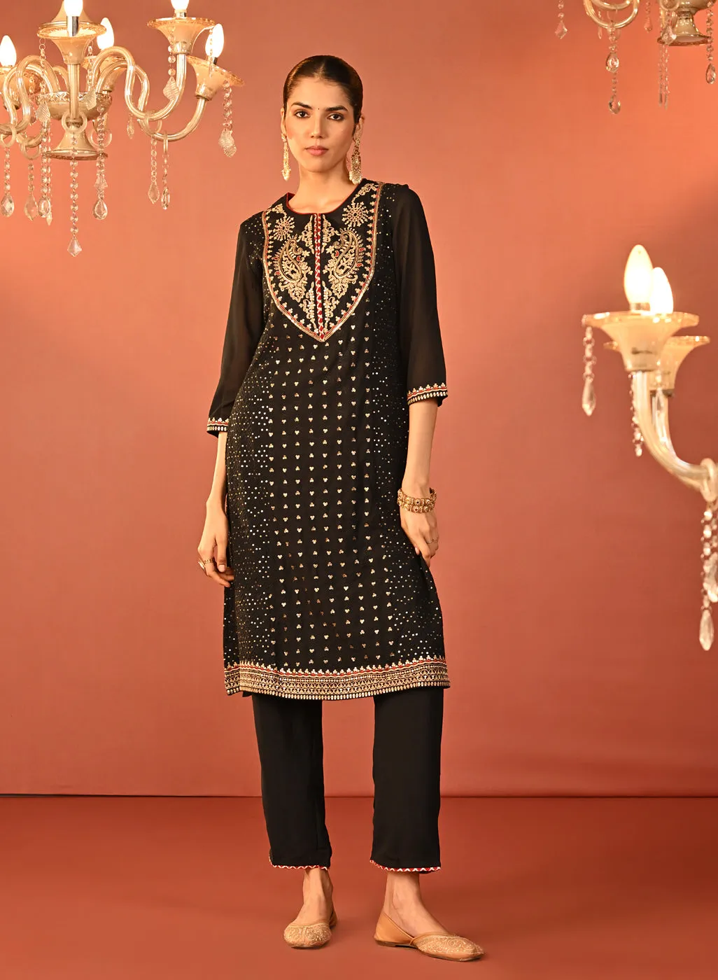 Jasleen Black Georgette Jacquard Embroidered Kurta Set for Women