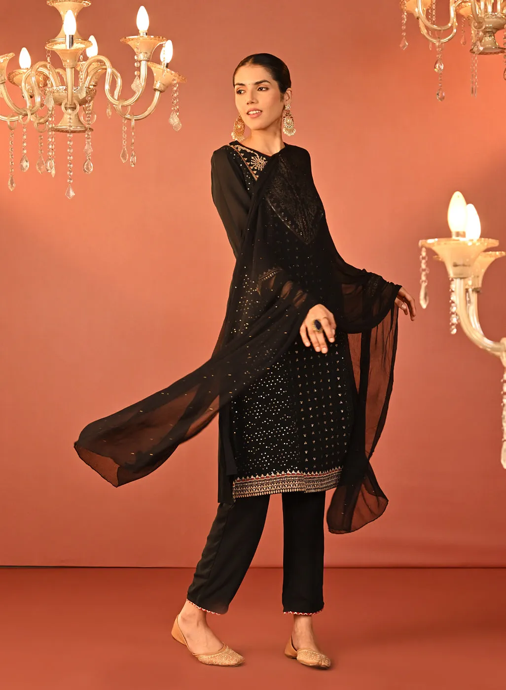 Jasleen Black Georgette Jacquard Embroidered Kurta Set for Women