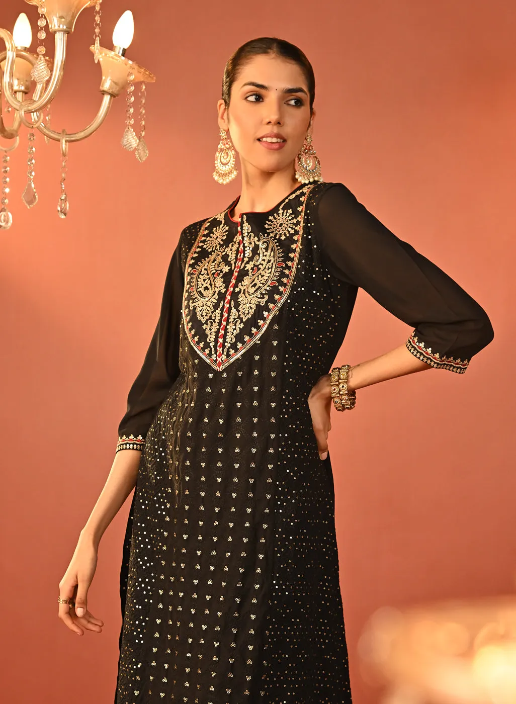 Jasleen Black Georgette Jacquard Embroidered Kurta Set for Women