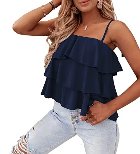 KIRUNDO 2023 Women's Summer Spaghetti Strap Cami Tank Tops Layered Ruffle Tie Shoulder Flowy Sleeveless Shirts Camisole(Navy, Small)