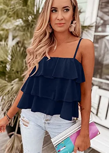 KIRUNDO 2023 Women's Summer Spaghetti Strap Cami Tank Tops Layered Ruffle Tie Shoulder Flowy Sleeveless Shirts Camisole(Navy, Small)