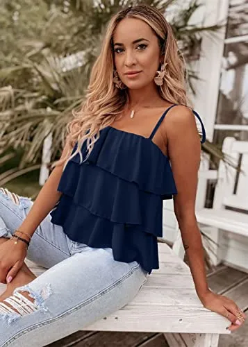 KIRUNDO 2023 Women's Summer Spaghetti Strap Cami Tank Tops Layered Ruffle Tie Shoulder Flowy Sleeveless Shirts Camisole(Navy, Small)