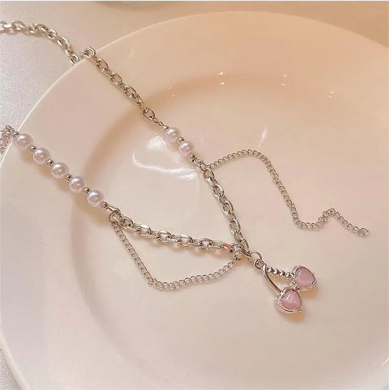 Layered Pearl Charm Pink Cherry Pendant Necklace