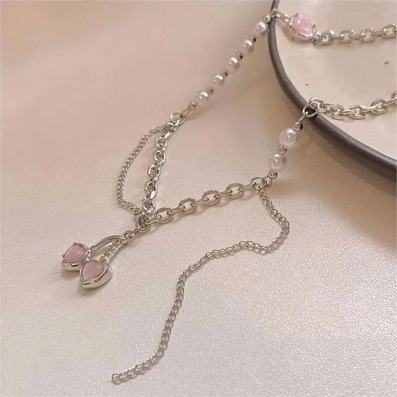 Layered Pearl Charm Pink Cherry Pendant Necklace