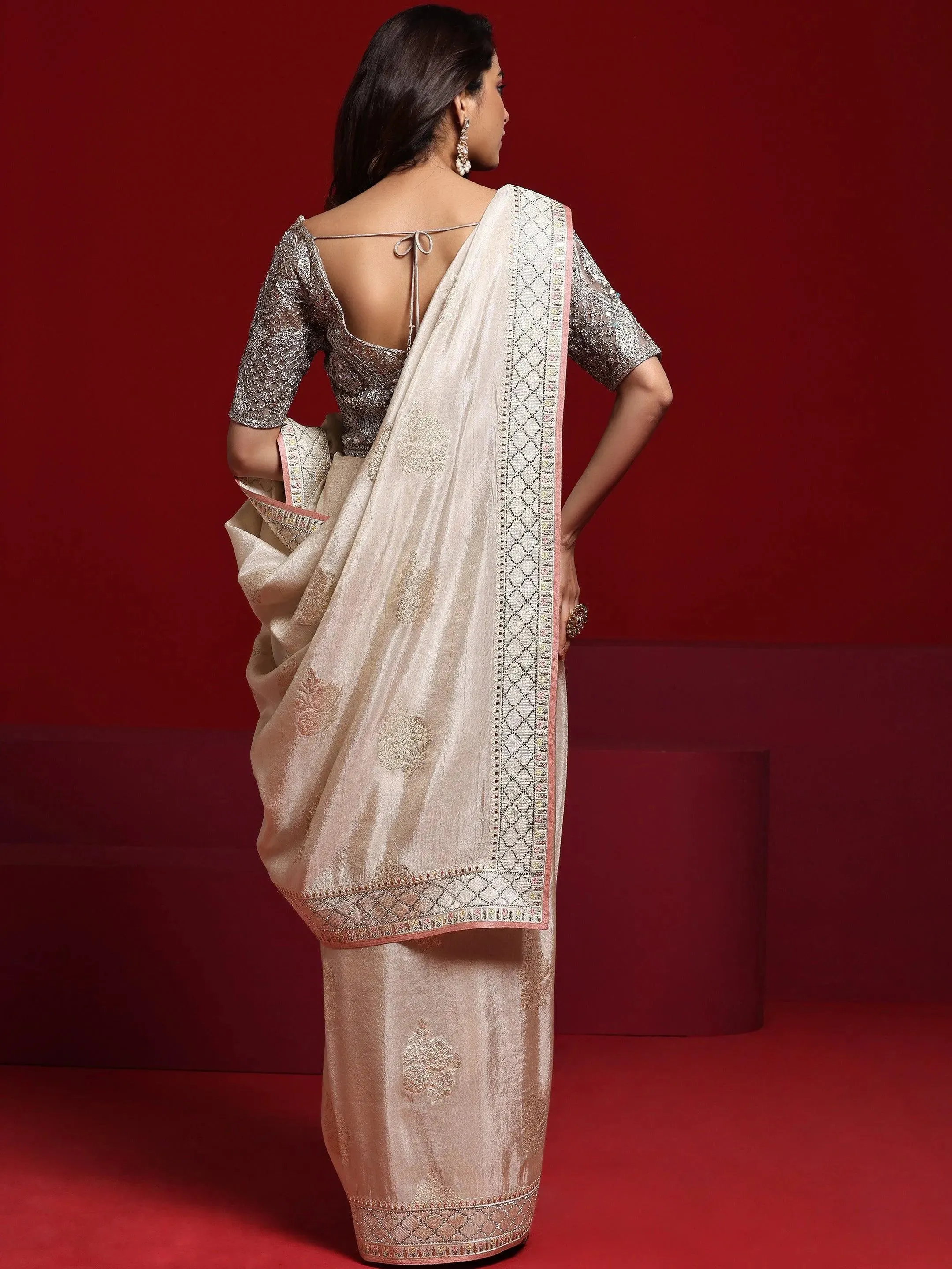 Libas Art Beige Woven Design Silk Blend Saree With Unstitched Blouse Piece