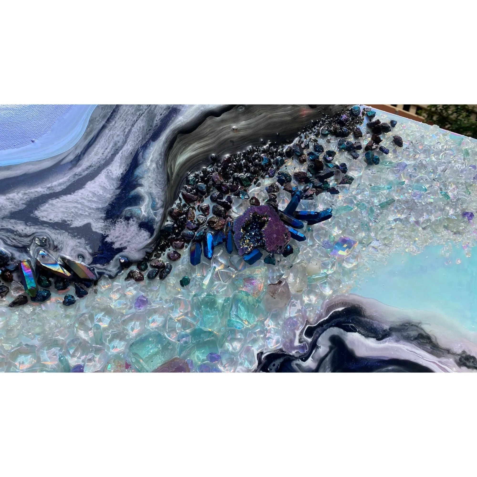 Light Blue Geode Landscape Crystal Artwork with quartz