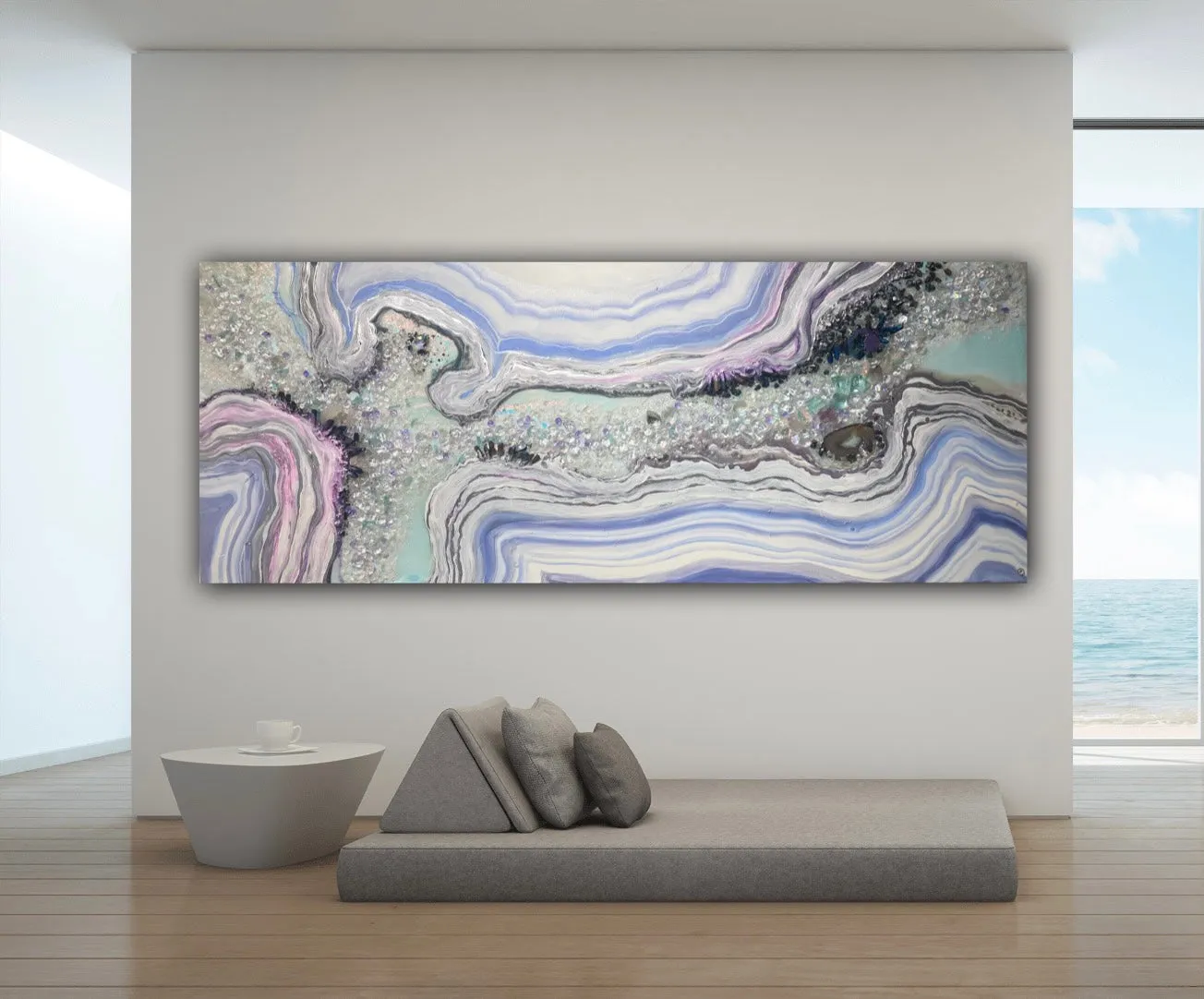 Light Blue Geode Landscape Crystal Artwork with quartz