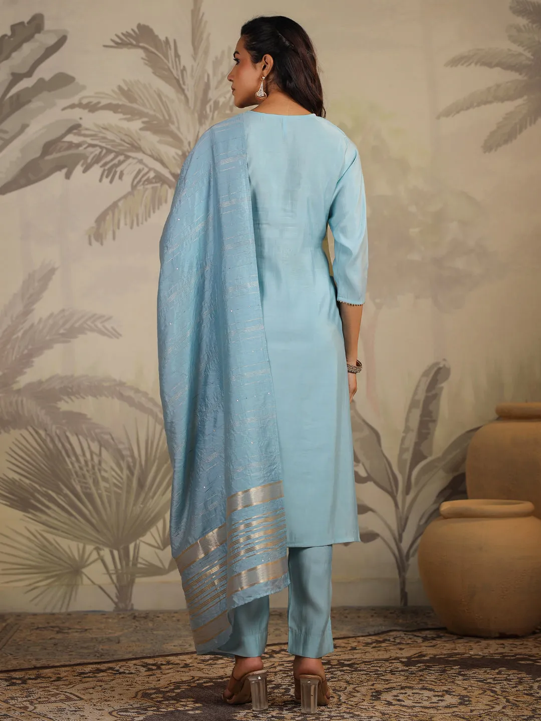 Light Blue Silk Blend Embroidered Straight Kurta Set