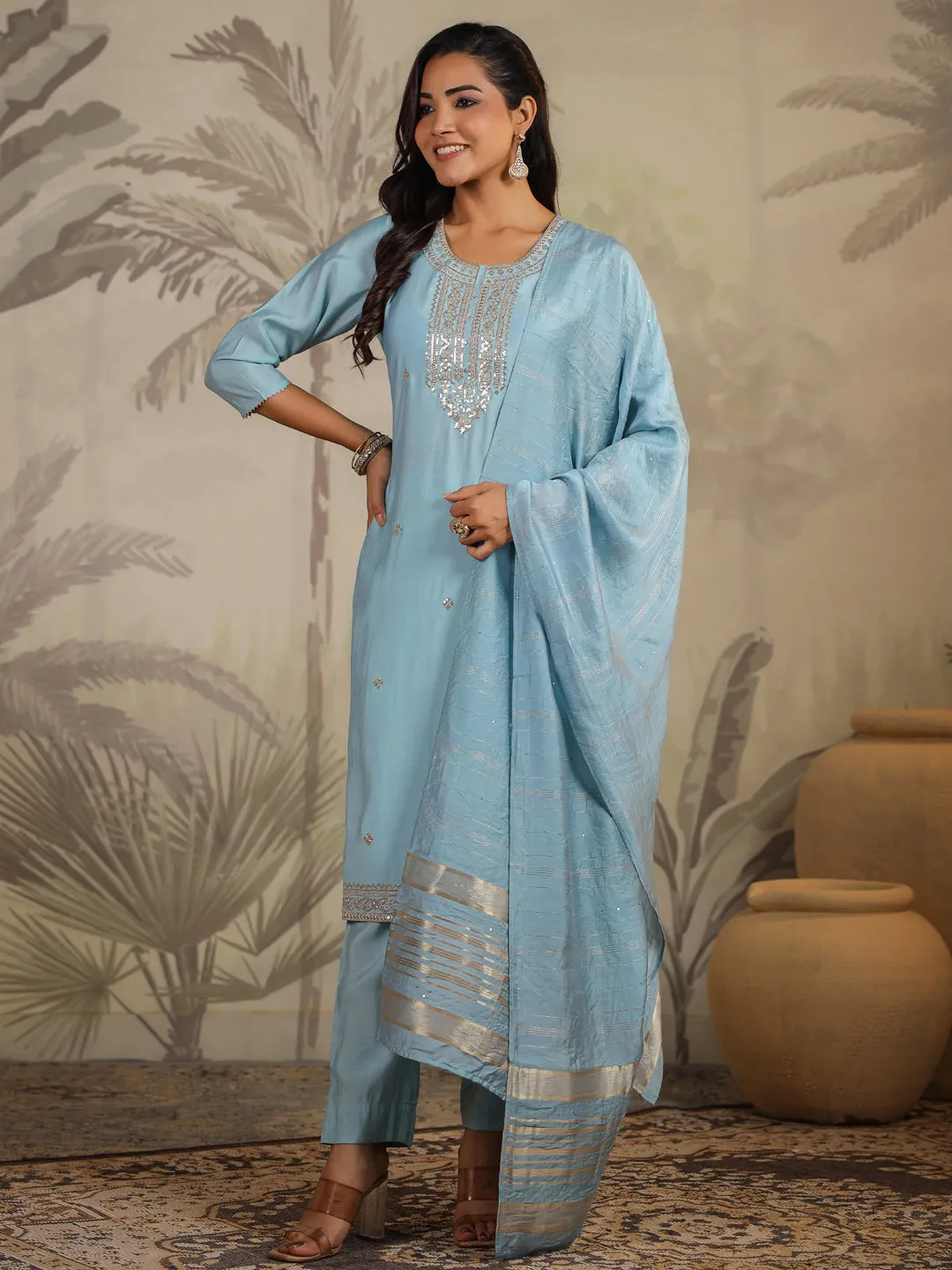 Light Blue Silk Blend Embroidered Straight Kurta Set