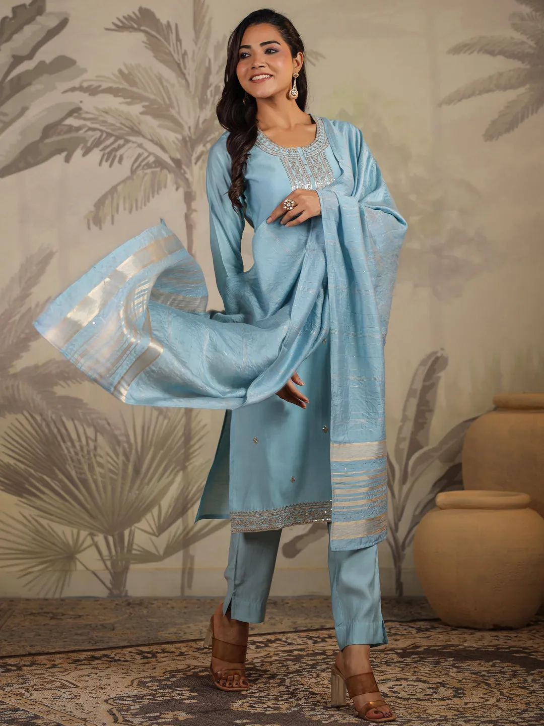 Light Blue Silk Blend Embroidered Straight Kurta Set