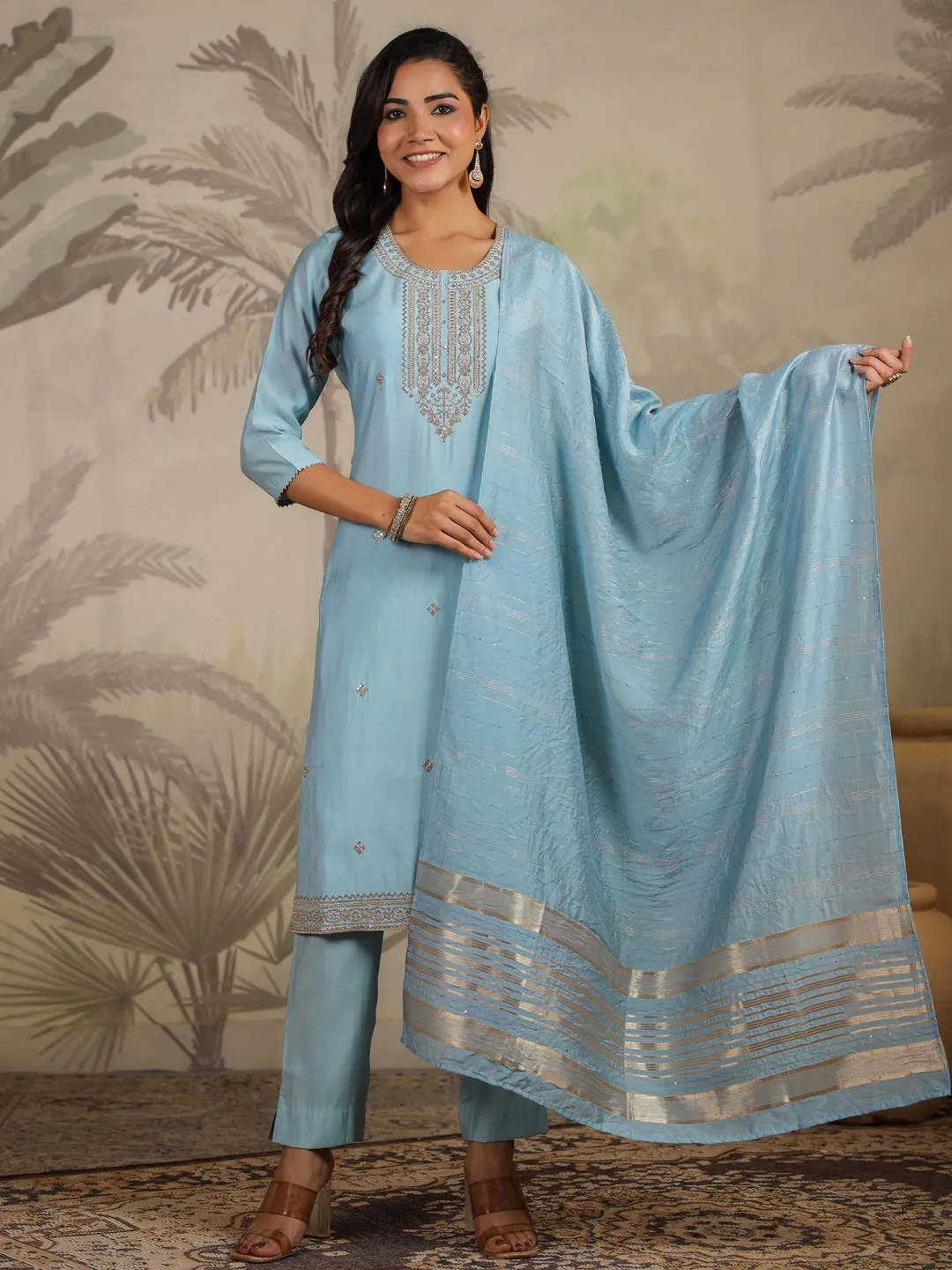 Light Blue Silk Blend Embroidered Straight Kurta Set