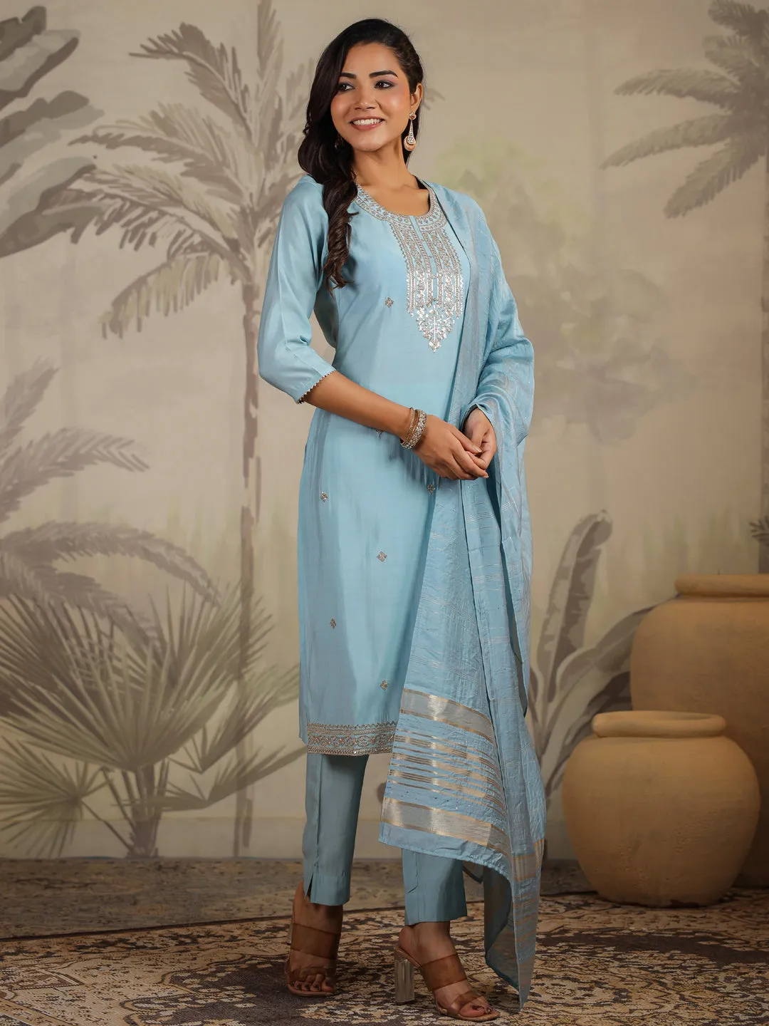 Light Blue Silk Blend Embroidered Straight Kurta Set