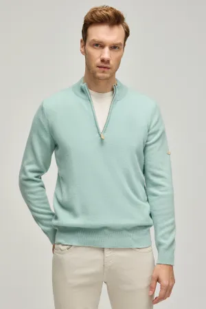 Light Green Pure Cashmere High Collar Zipper Men's Sweater