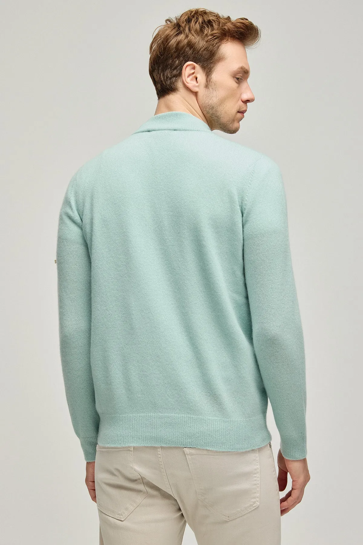 Light Green Pure Cashmere High Collar Zipper Men's Sweater