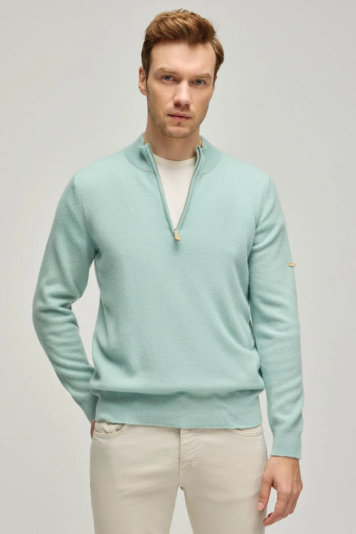 Light Green Pure Cashmere High Collar Zipper Men's Sweater