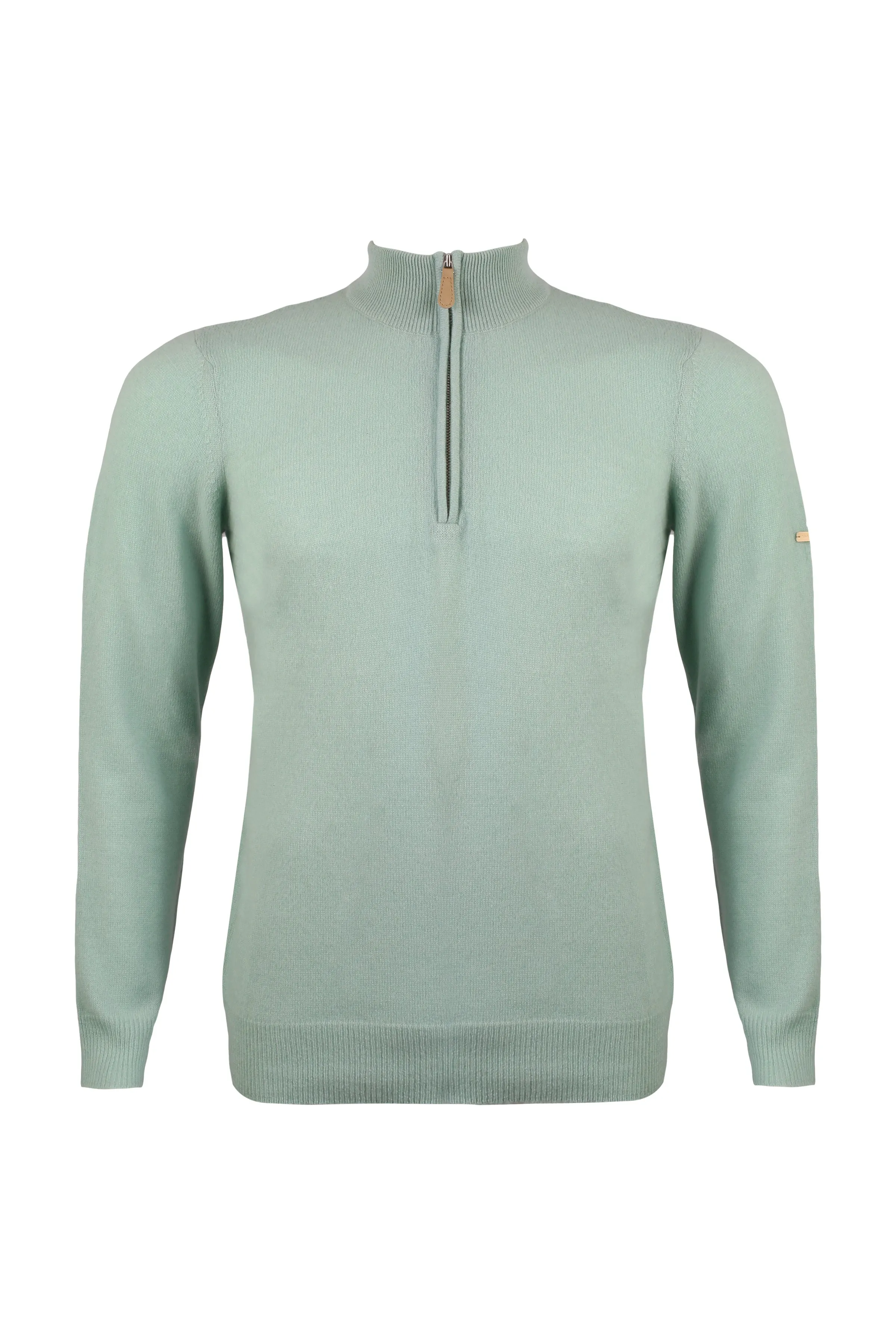 Light Green Pure Cashmere High Collar Zipper Men's Sweater