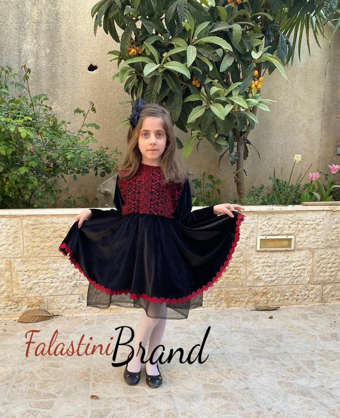 Little Girl Palestinian Embroidered Black Velvet Dress