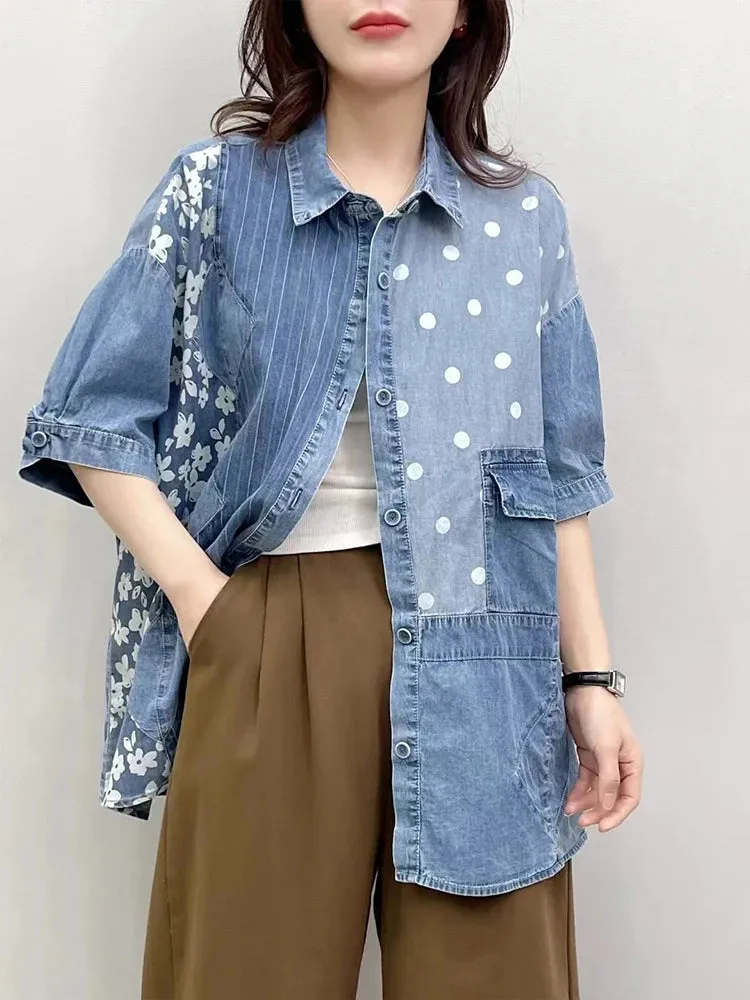 Loose Printed Floral Striped Dot Denim Blouse