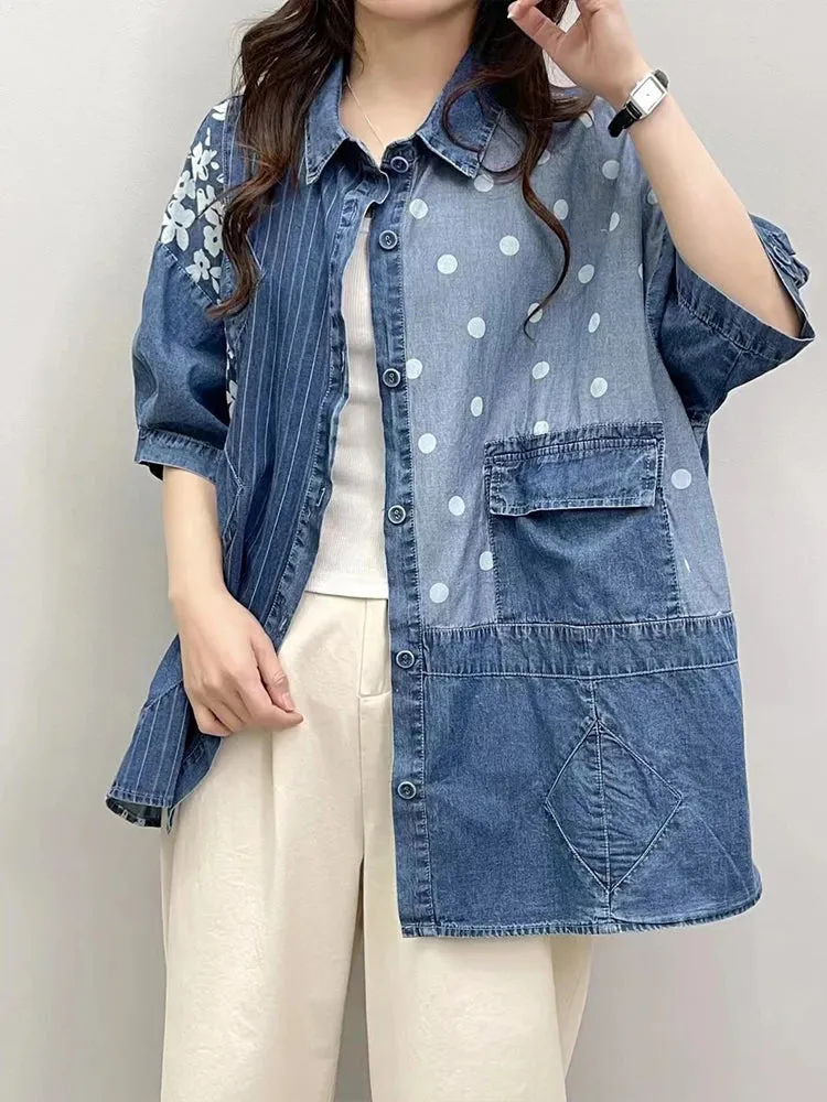 Loose Printed Floral Striped Dot Denim Blouse