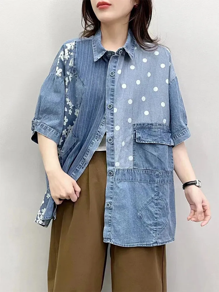 Loose Printed Floral Striped Dot Denim Blouse