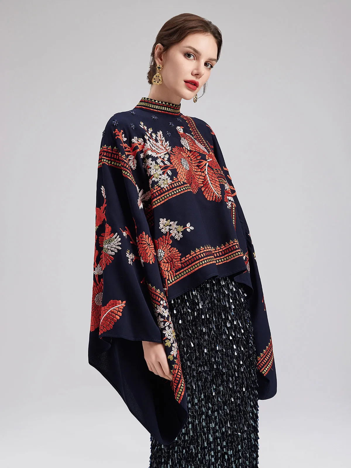 Magpie Embroidered Chinese-Inspired Cape Blouses