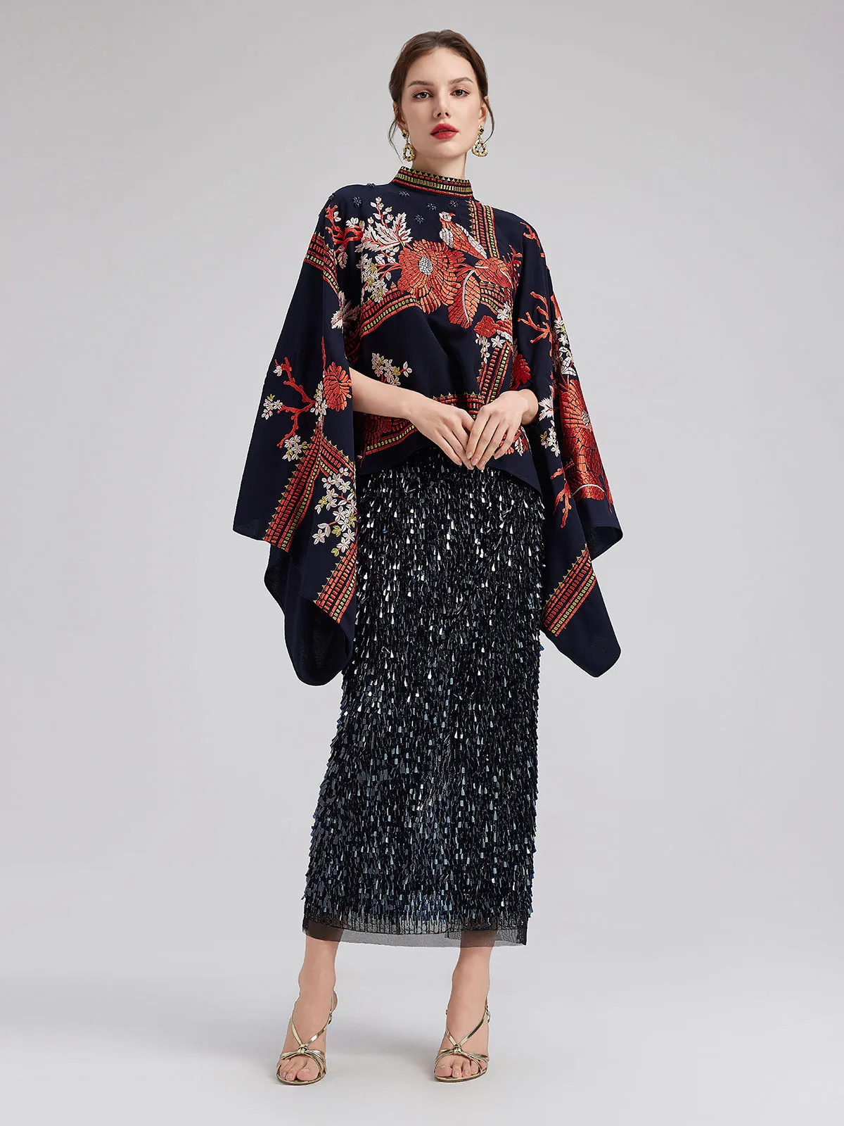 Magpie Embroidered Chinese-Inspired Cape Blouses