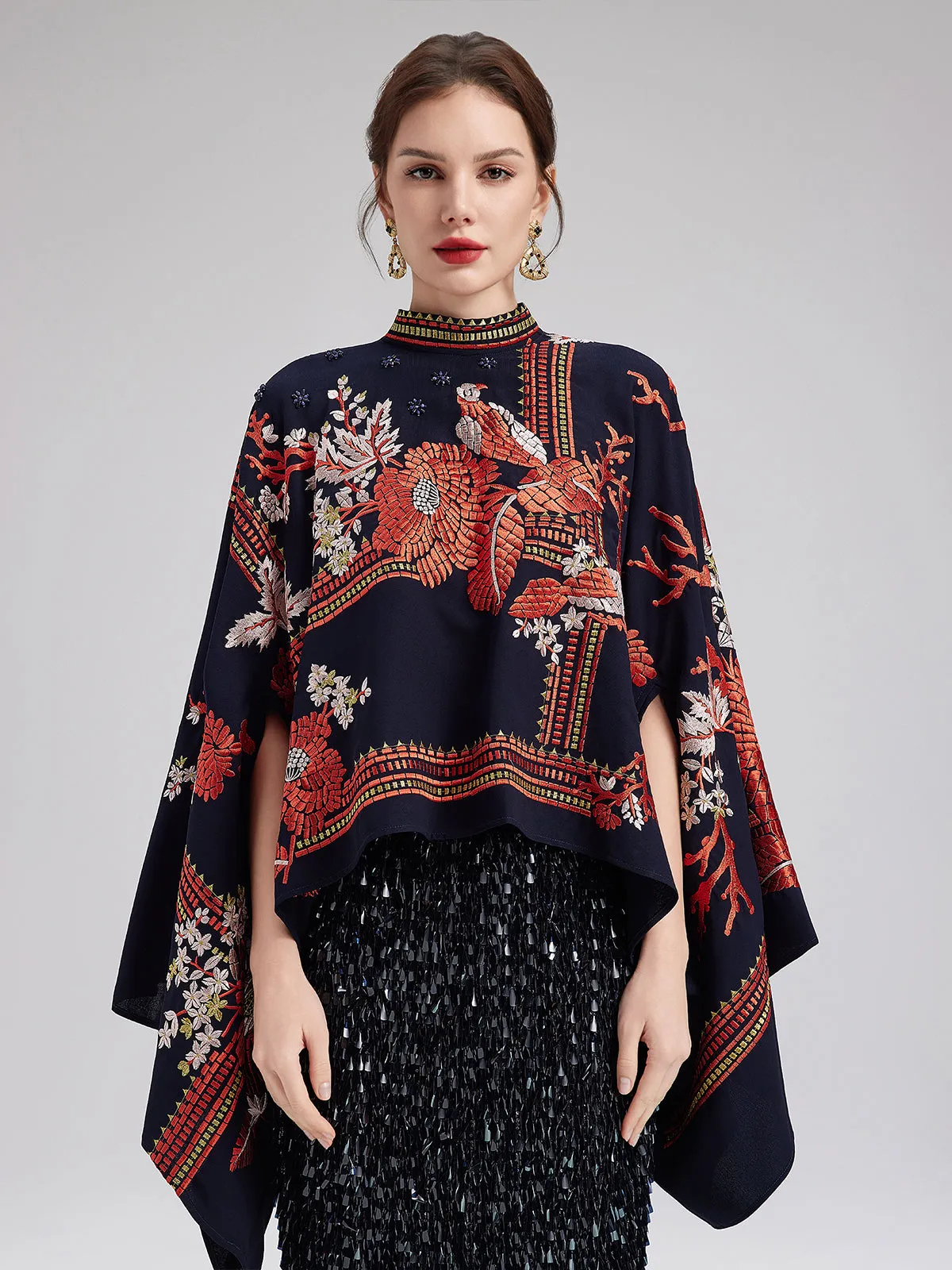 Magpie Embroidered Chinese-Inspired Cape Blouses