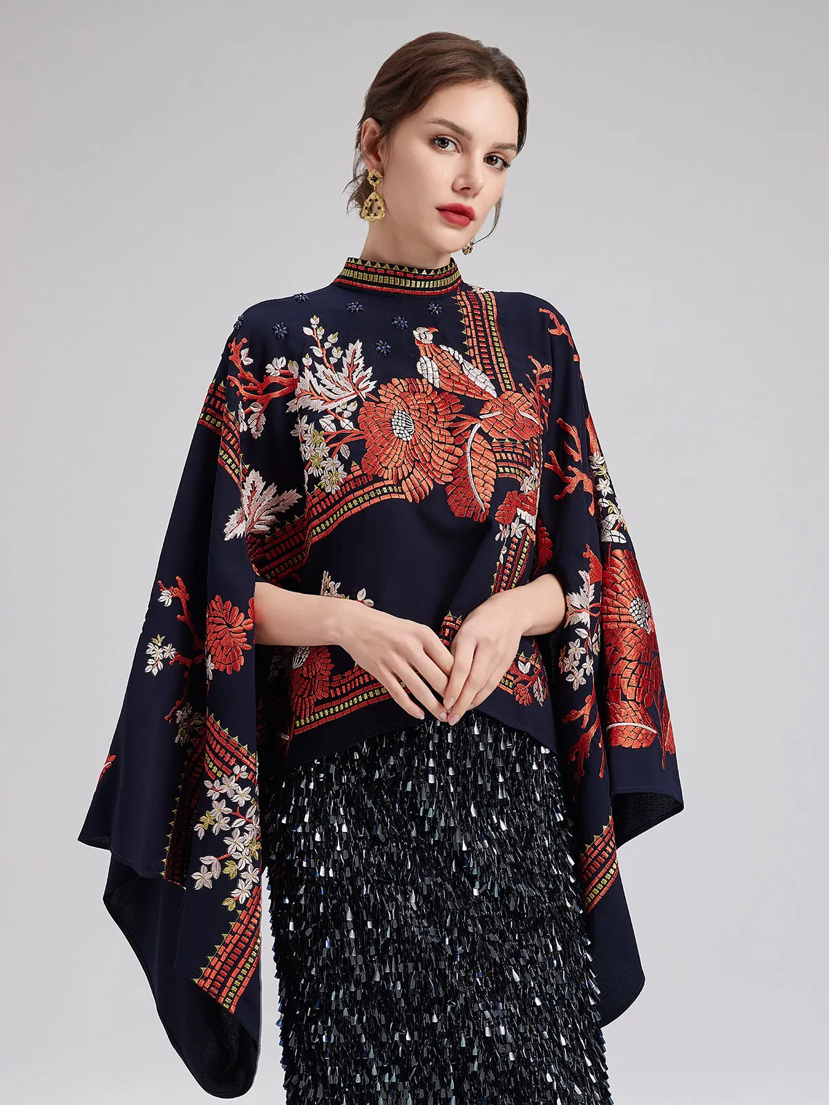 Magpie Embroidered Chinese-Inspired Cape Blouses