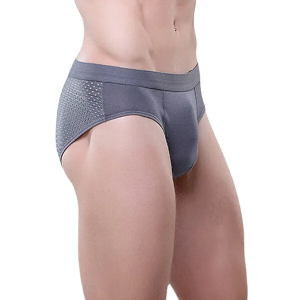 Mens Back Mesh Breathable Ice Silk Briefs Mid Rise Pure Color Casual Underwear