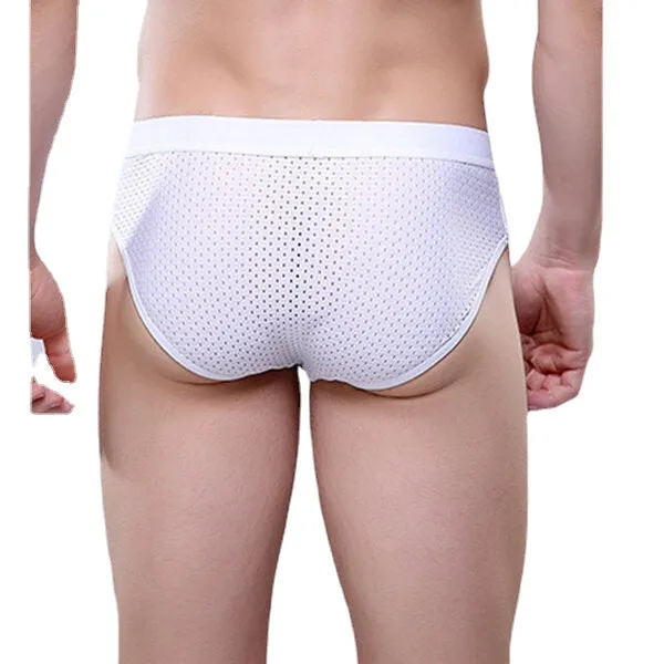 Mens Back Mesh Breathable Ice Silk Briefs Mid Rise Pure Color Casual Underwear