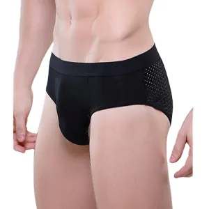 Mens Back Mesh Breathable Ice Silk Briefs Mid Rise Pure Color Casual Underwear