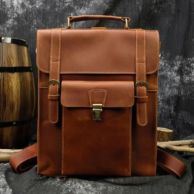 Mens Brown Leather Backpack With 16In Laptop Capacity -...