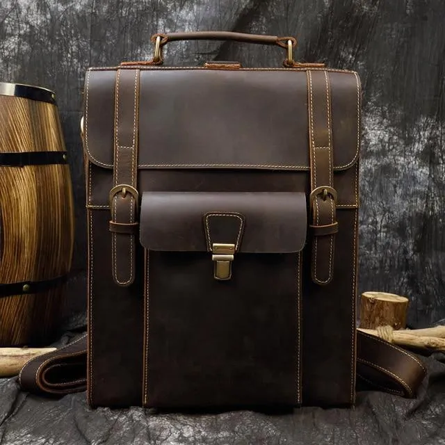 Mens Brown Leather Backpack With 16In Laptop Capacity -...