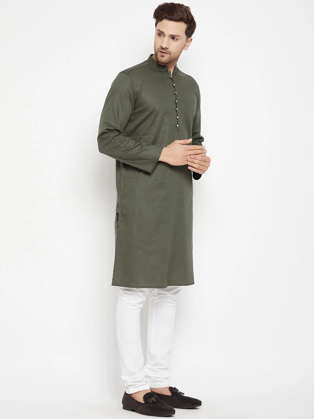 Men's Green Color Long Kurta with Band Collar - Even Apparels