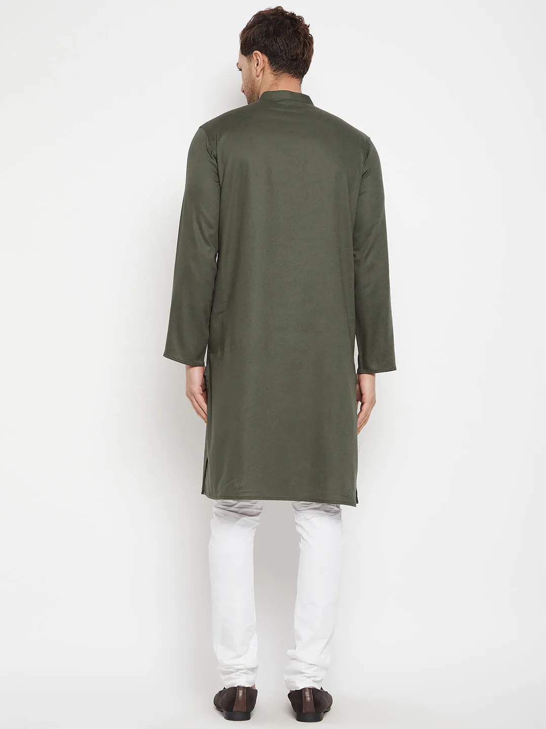 Men's Green Color Long Kurta with Band Collar - Even Apparels