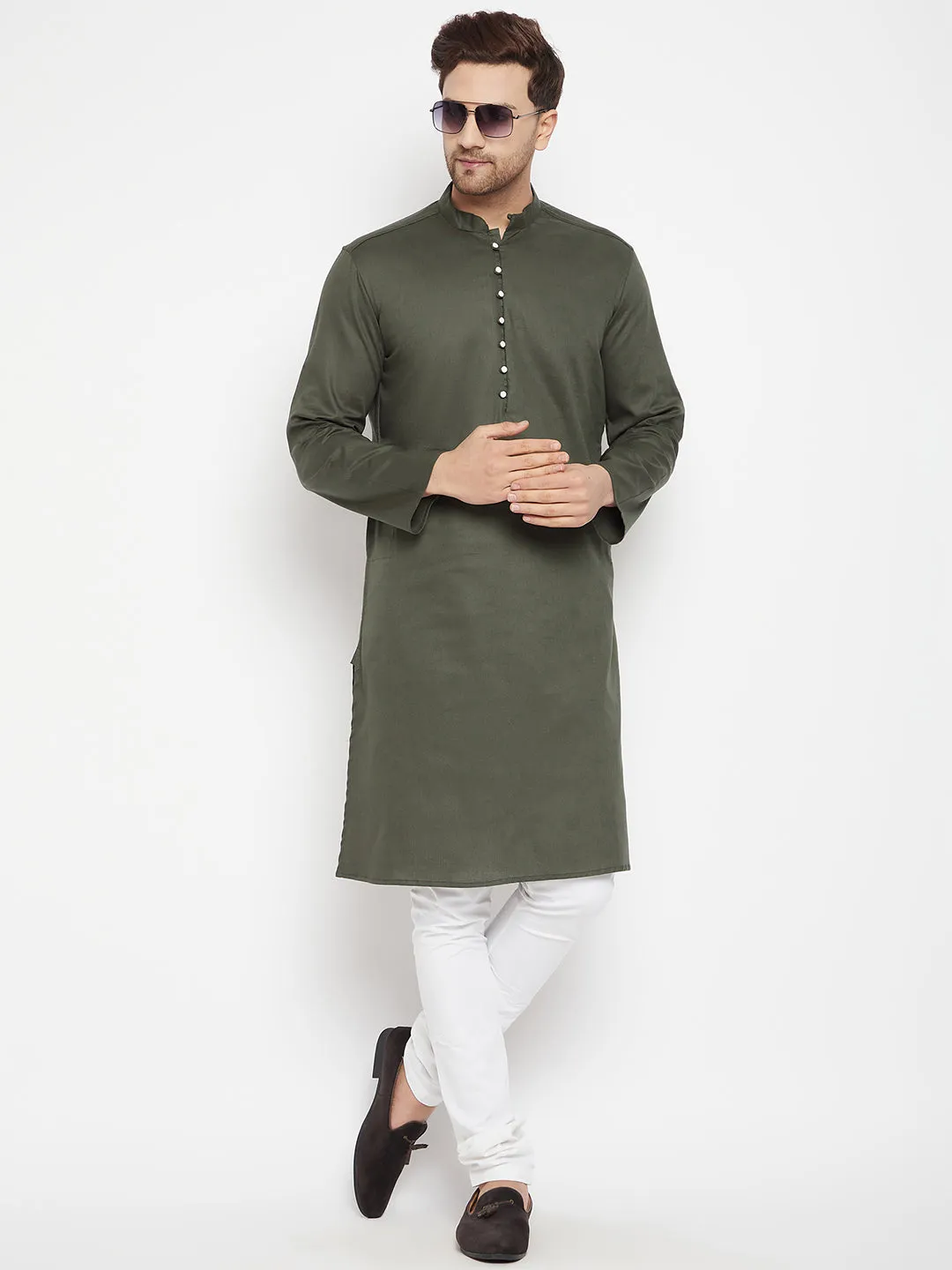 Men's Green Color Long Kurta with Band Collar - Even Apparels