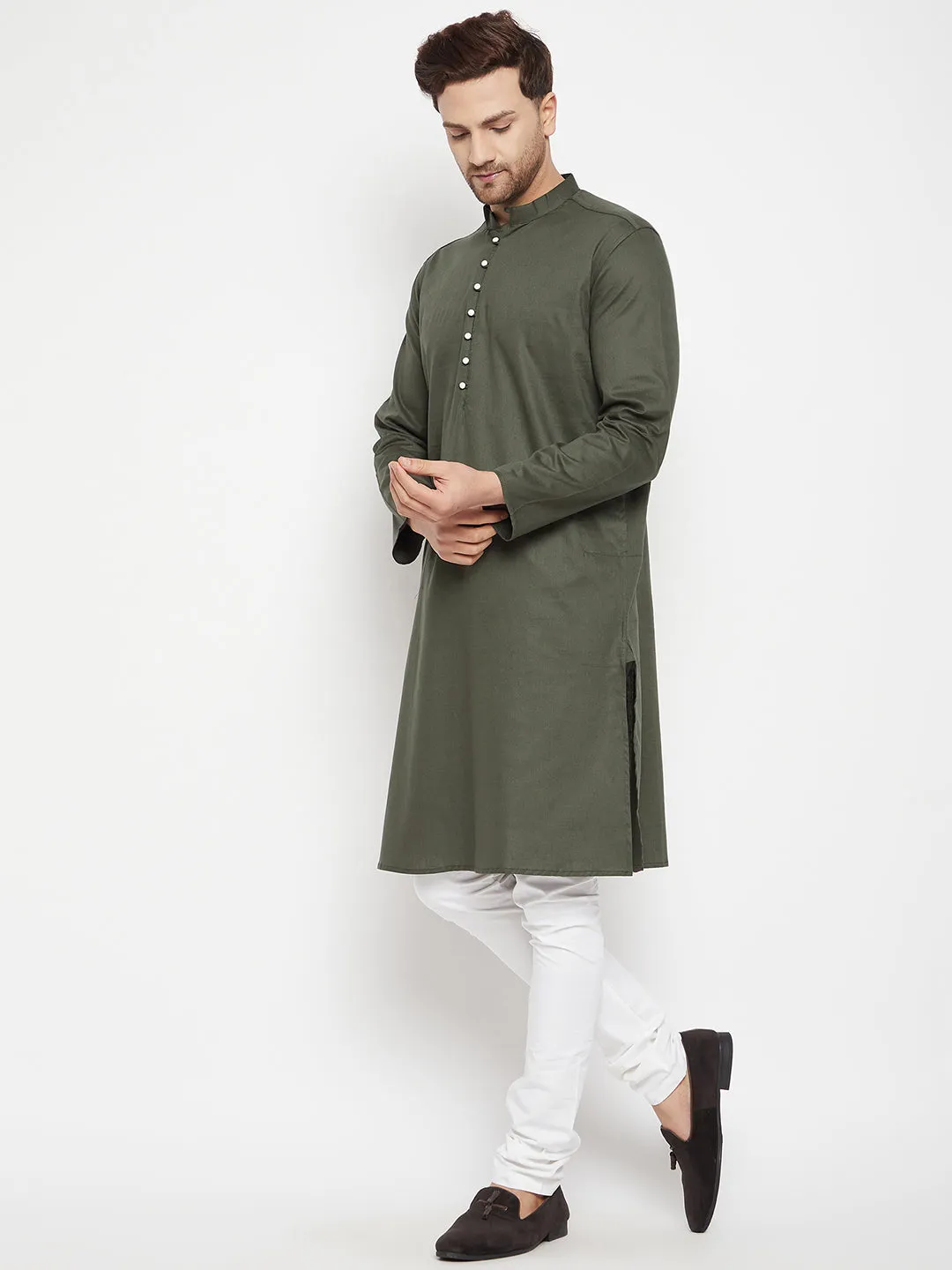 Men's Green Color Long Kurta with Band Collar - Even Apparels