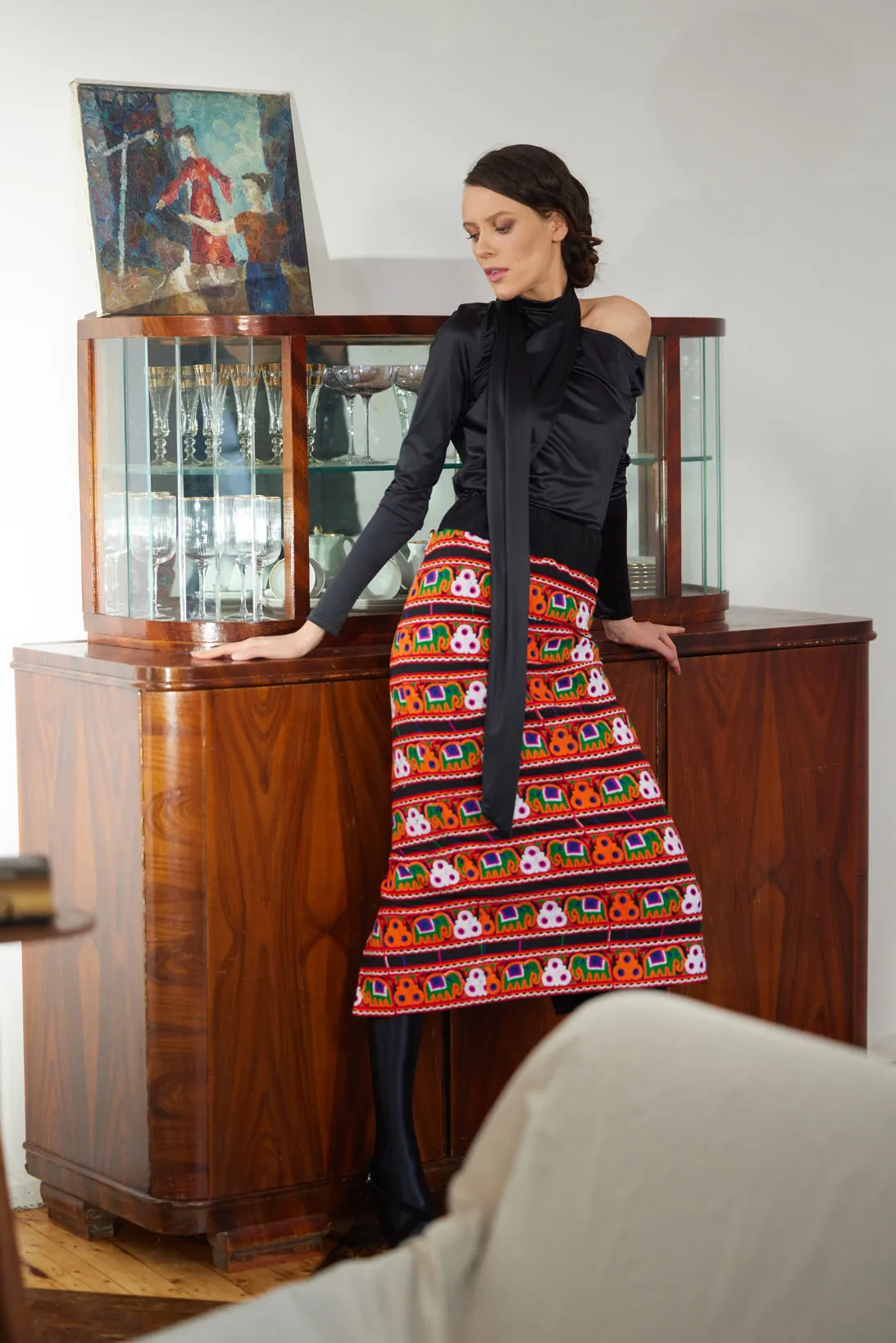 Mid-Calf Embroidered Skirt With Ornate Pattern Colorful