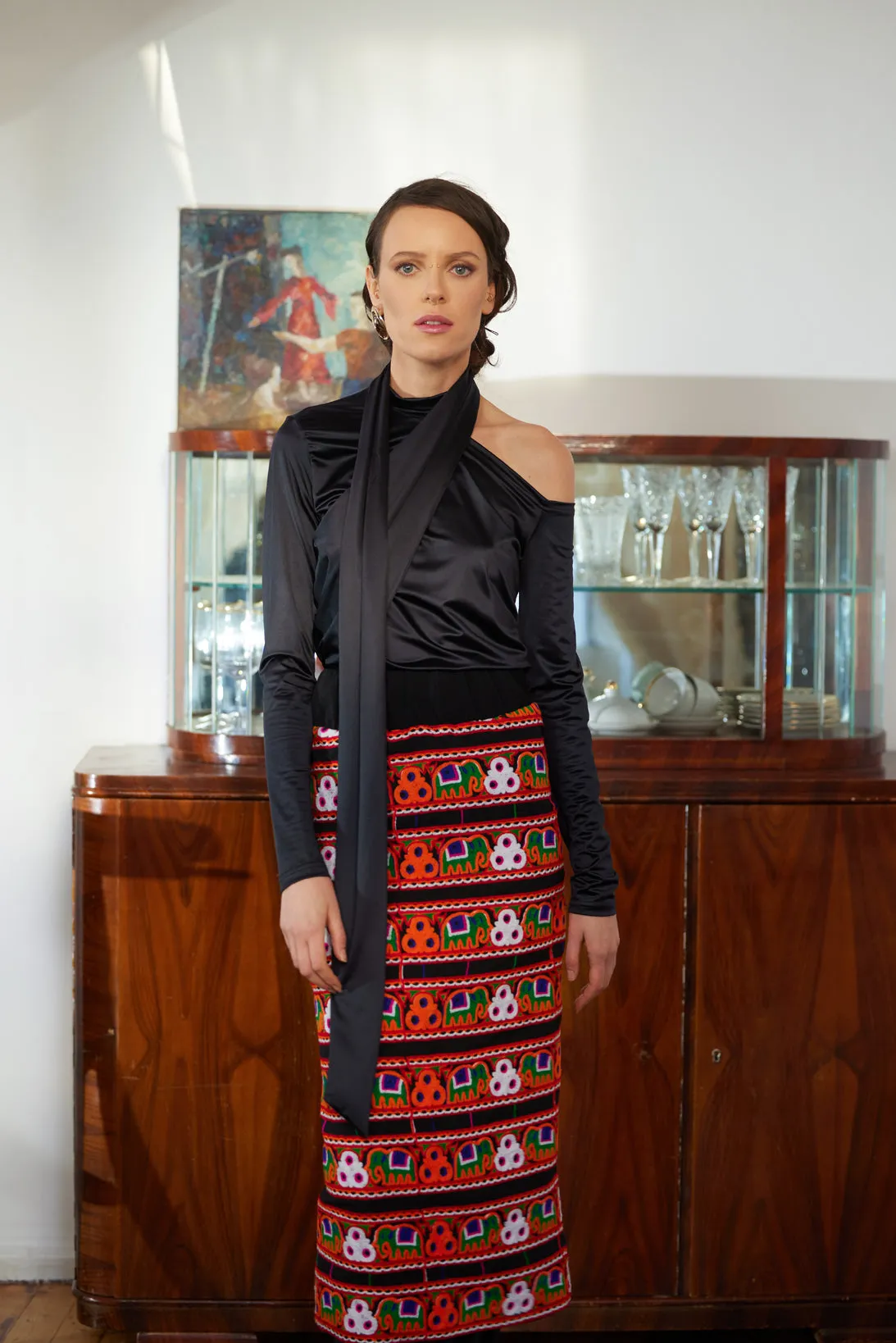 Mid-Calf Embroidered Skirt With Ornate Pattern Colorful