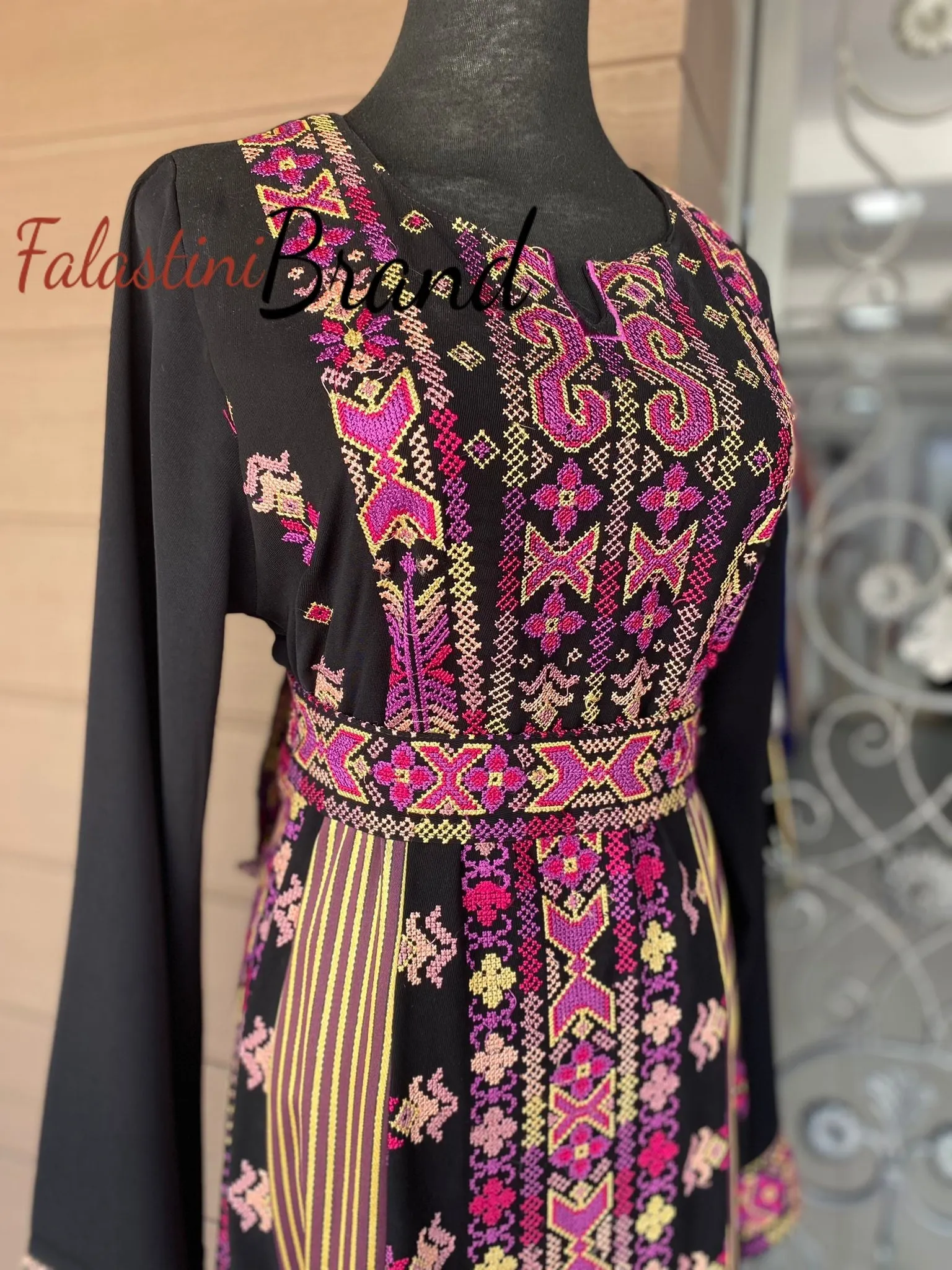 Modern Style Black and Pink Palestinian Thobe with Unique Embroidery and Kashmir Details